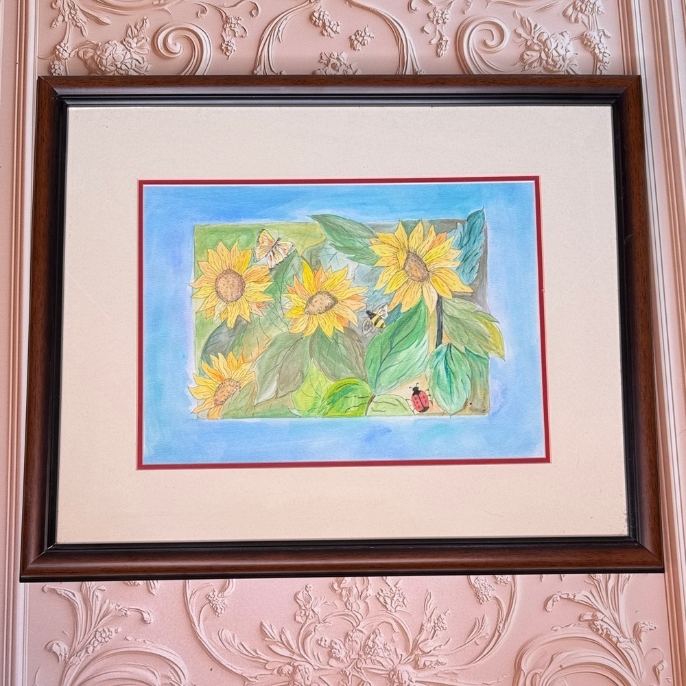 Original Sunflower Watercolor in Wooden Frame possibly by Bonnie Mattick